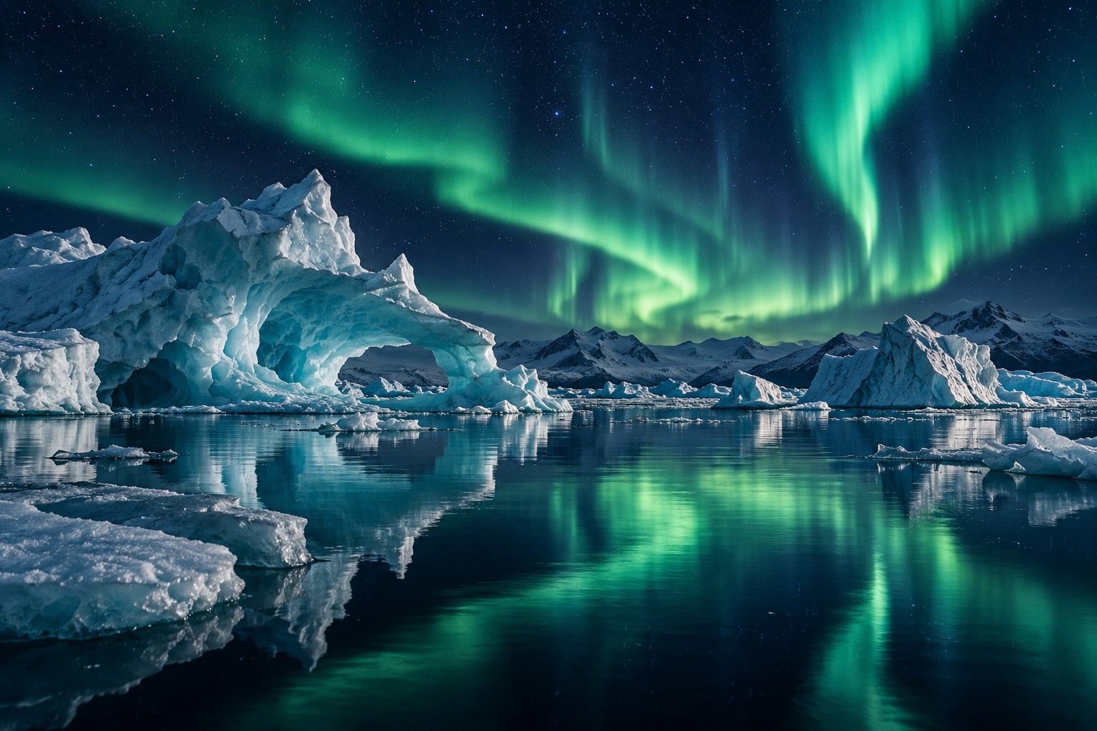 Northern lights and stars above Arctic icebergs reflected in dark water