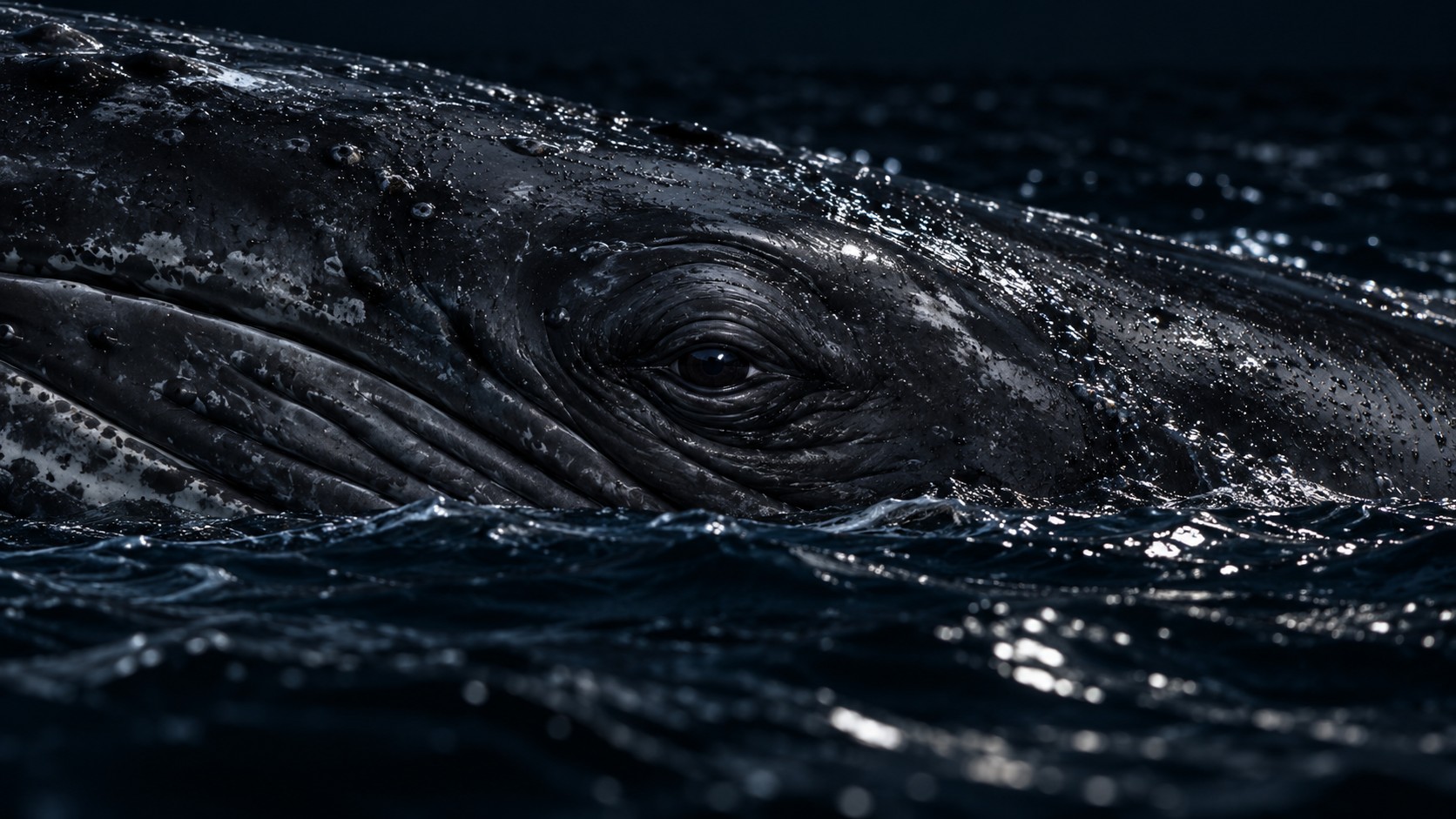 Close-up of a whale’s eye above the surface of a dark ocean at night